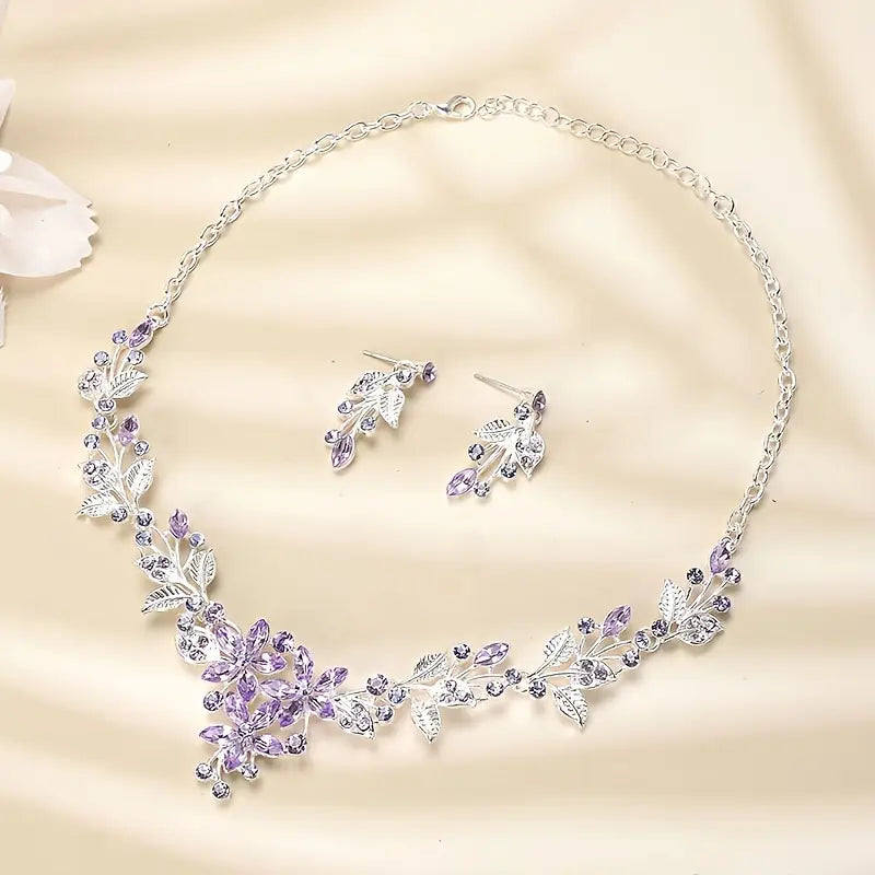 Elegant Floral Jewelry Set with Sparkling Rhinestones.