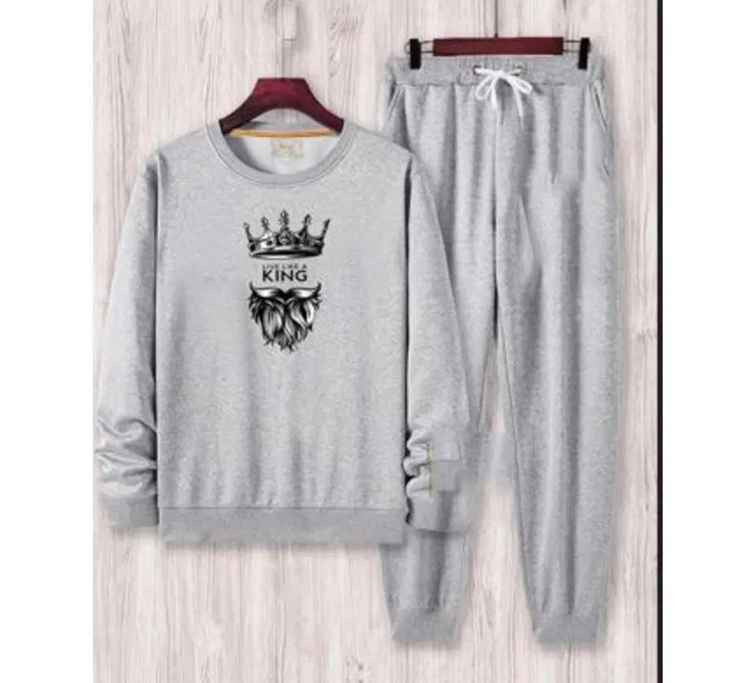 Men's Fleece Printed Sweatshirt Track Suit - 2 Pcs in Grey