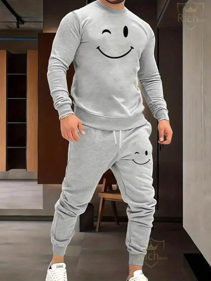 Men's Fleece Printed Sweatshirt Track Suit - 2 Pcs in Grey