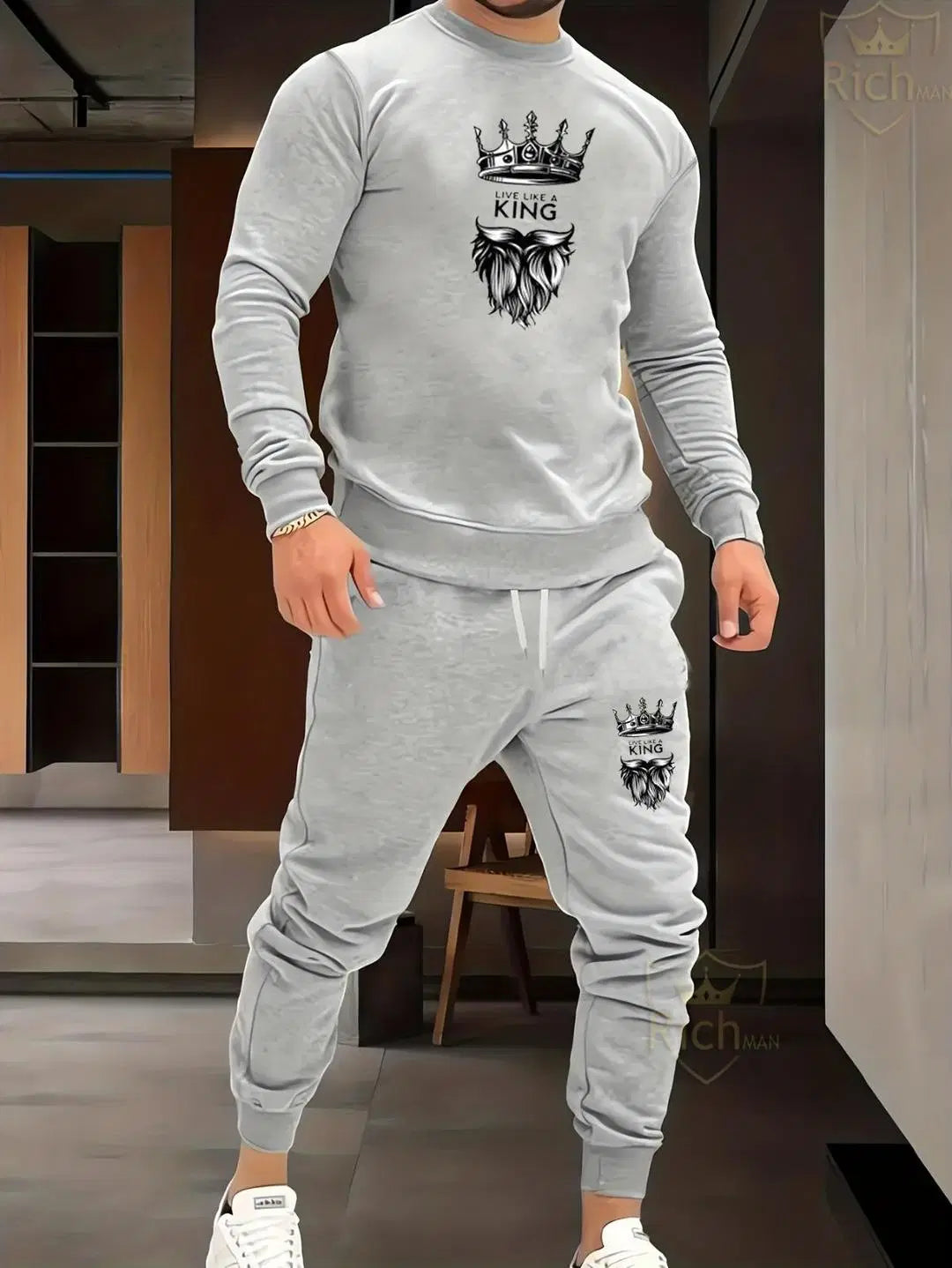 Men's Fleece Printed Sweatshirt Track Suit - 2 Pcs in Grey